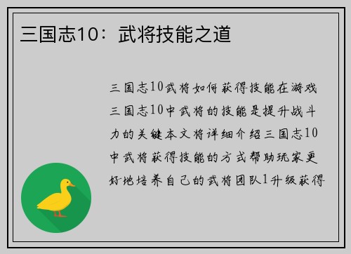 三国志10：武将技能之道